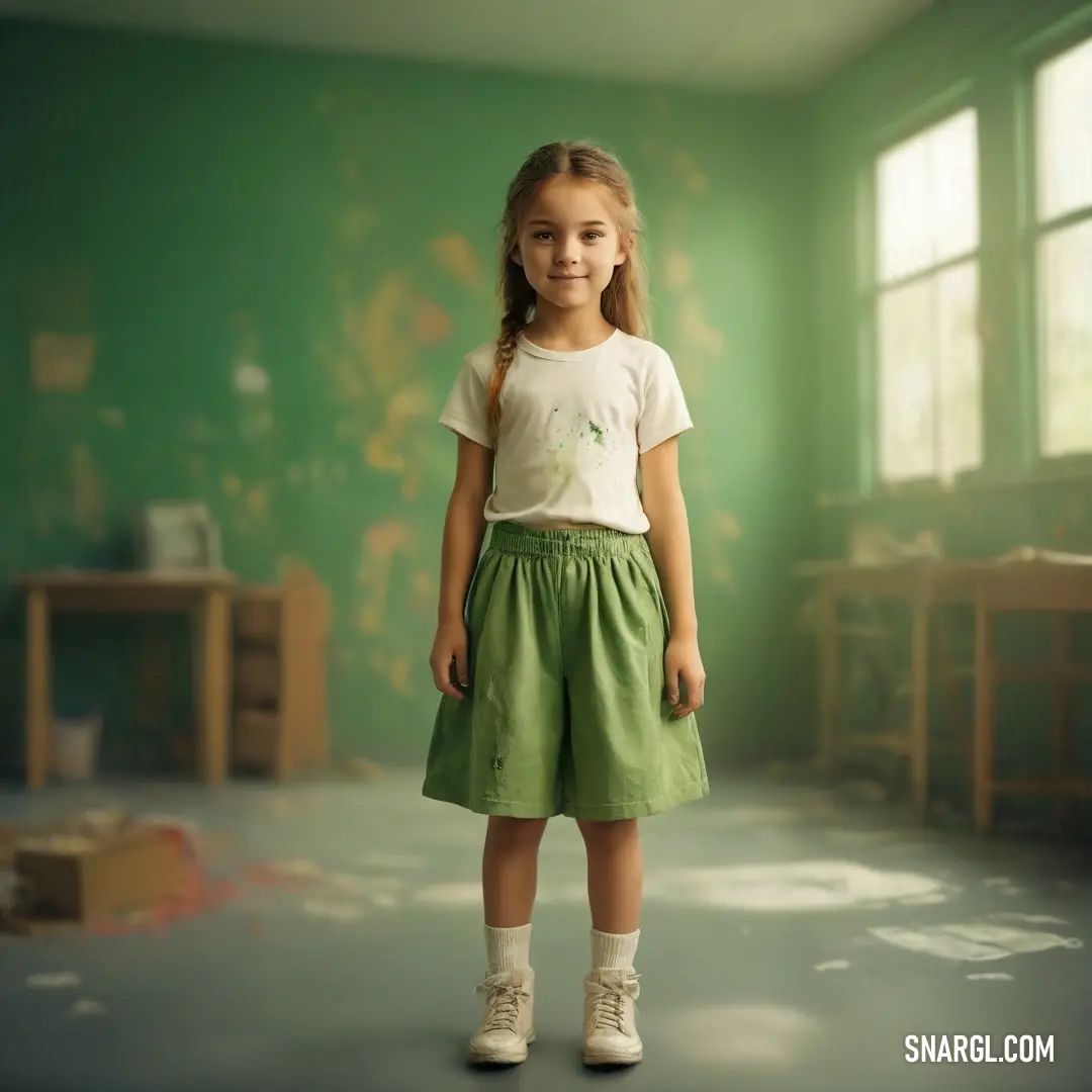 Little girl standing in a room with green walls and a green floor and a green wall with a painting on it. Example of Dark olive color.