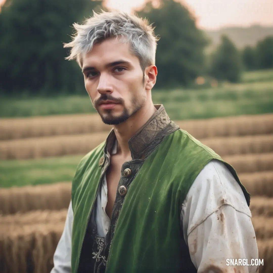 Man with a beard and a green vest standing in a field of hay bales with trees in the background. Example of CMYK 21,0,56,58 color.