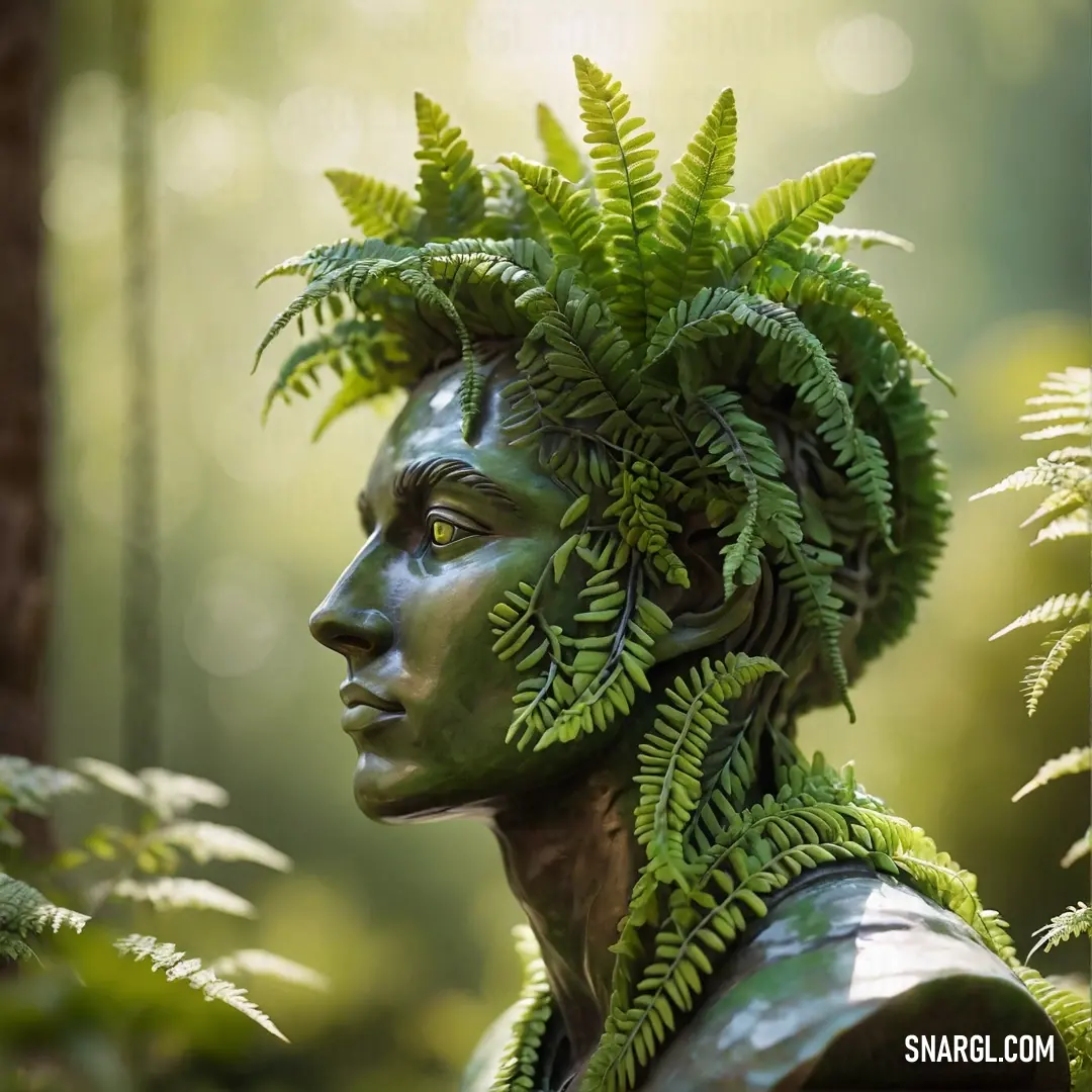 Statue of a woman with a fern crown on her head in the woods. Color RGB 85,107,47.