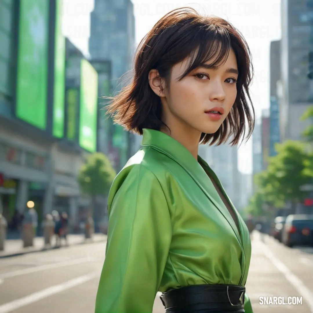 Dark olive color. Woman in a green shirt and black skirt standing on a street corner in a city with tall buildings