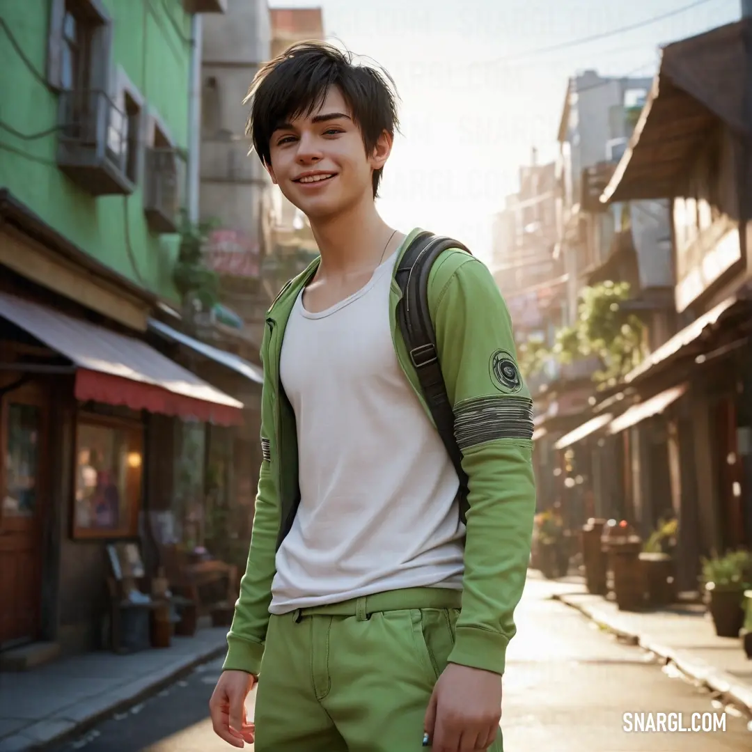 Young man in a green jacket and white shirt is standing on a street corner with a backpack on his shoulder. Color #556B2F.