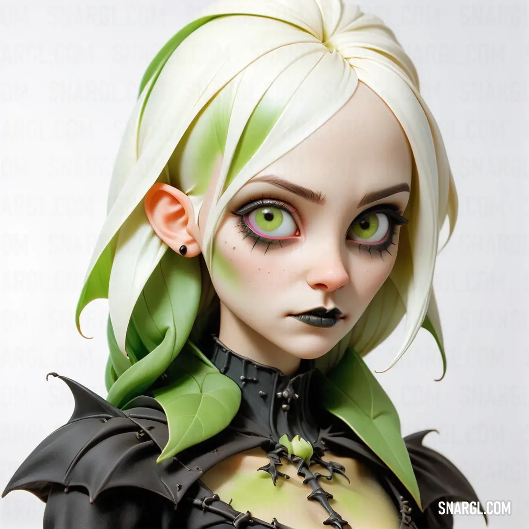 Doll with green eyes and a white hair and green eyes and a black dress
