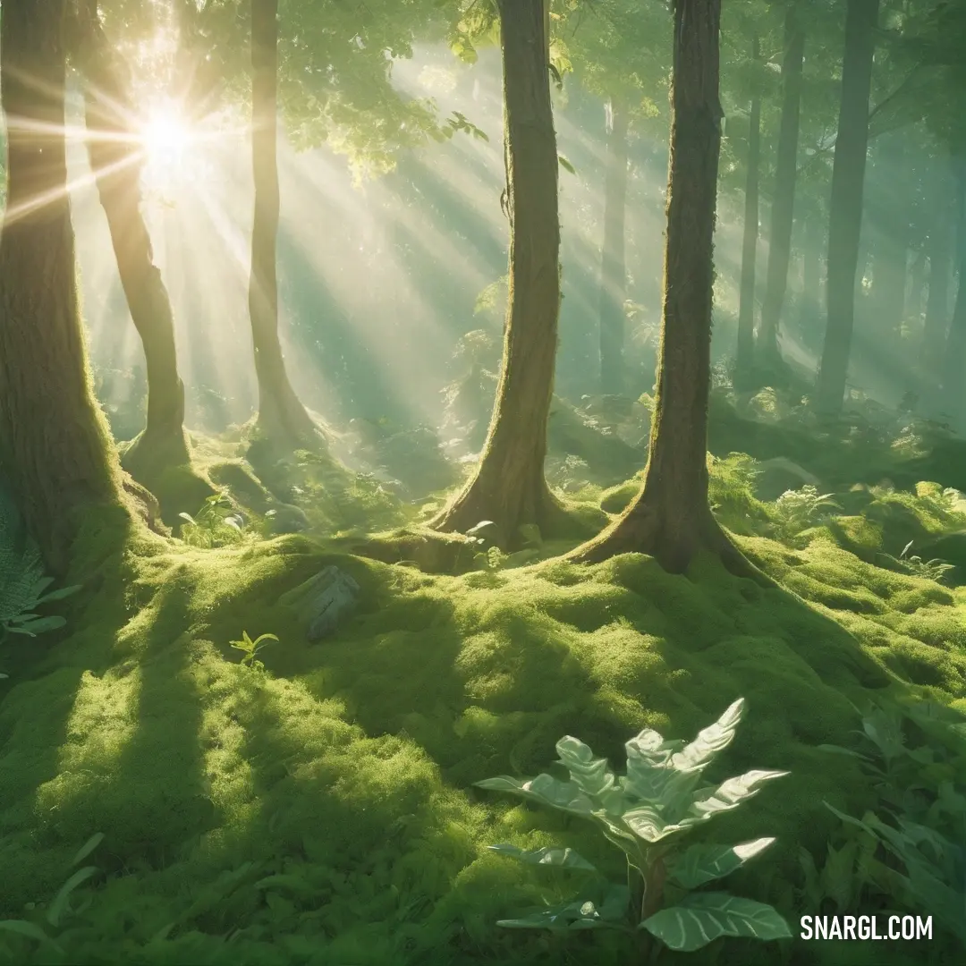 Forest with sunbeams shining through the trees and grass on the ground. Color #556B2F.
