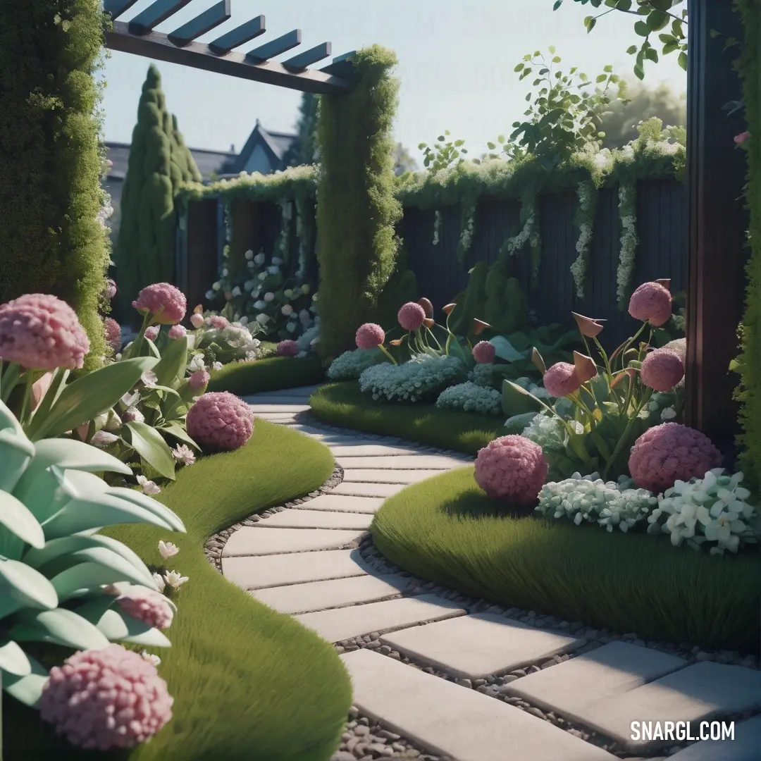 Garden with a walkway and flowers in the middle of it. Example of RGB 85,107,47 color.