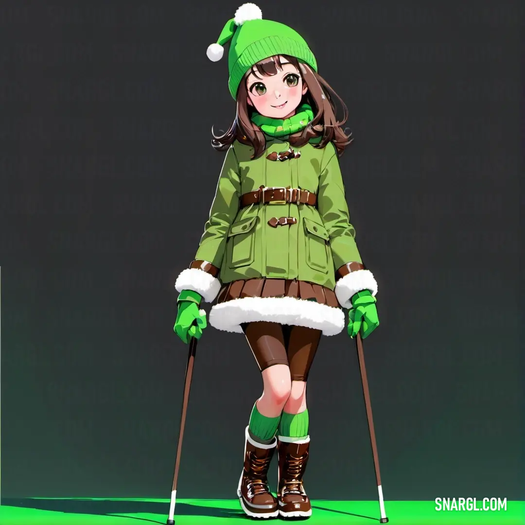 Girl in a green coat and hat with ski poles and a green hat on her head. Example of Dark olive color.