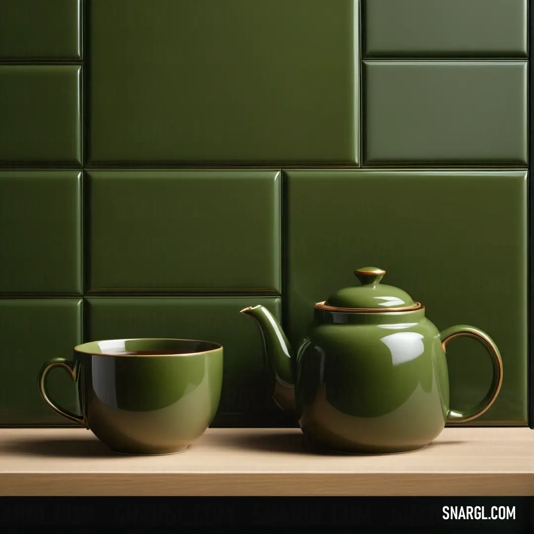 Dark olive color example: Green teapot and a cup on a counter top with a green tile wall behind it and a wooden table