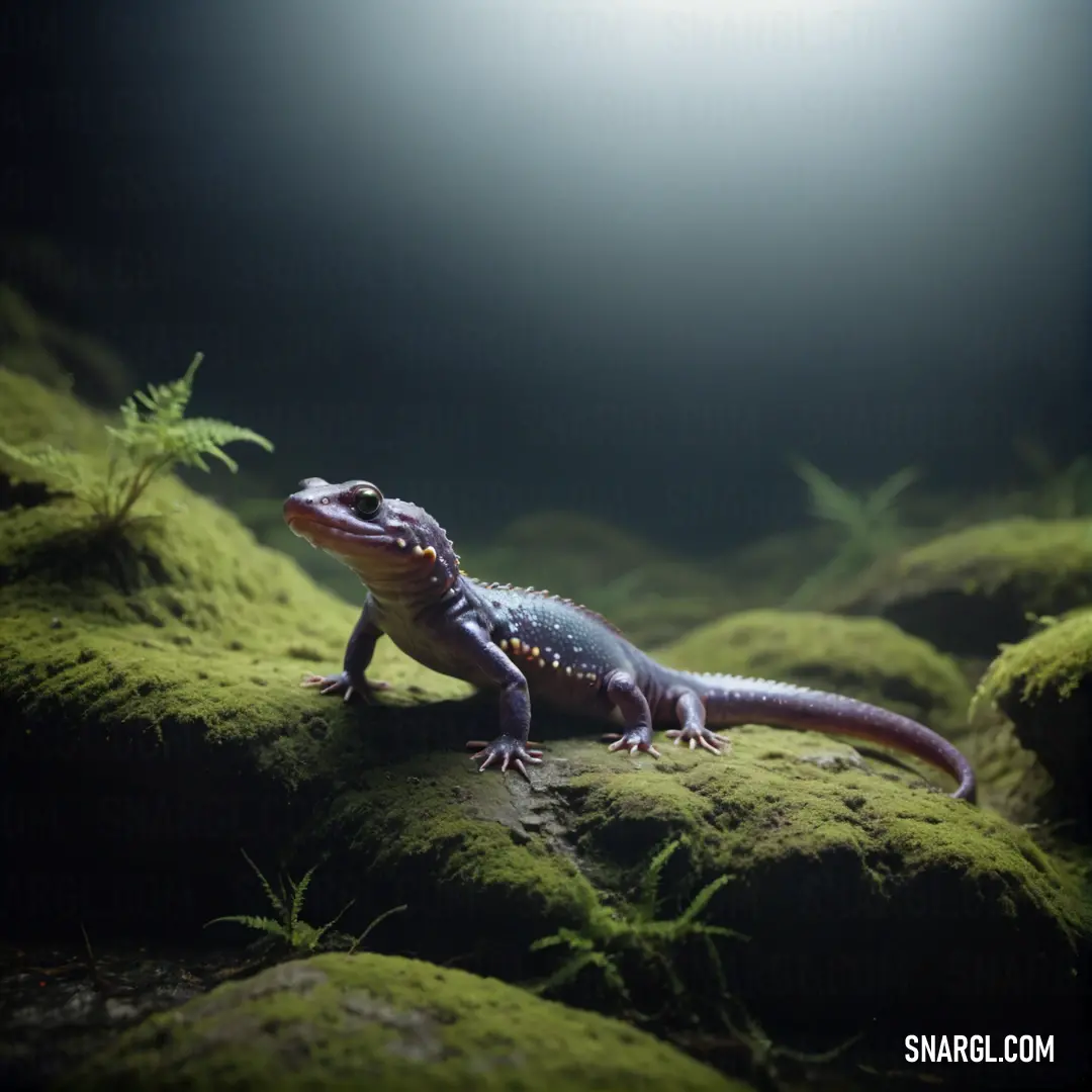 Lizard on a mossy rock in the dark with a light shining on it's back