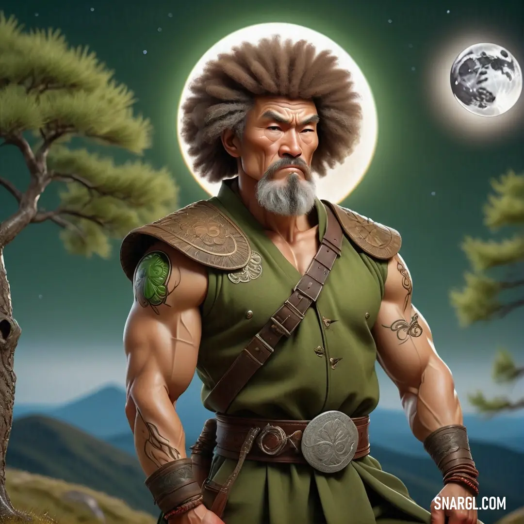 Man with a beard and a beard wearing a green outfit and a full moon in the background. Color RGB 85,107,47.