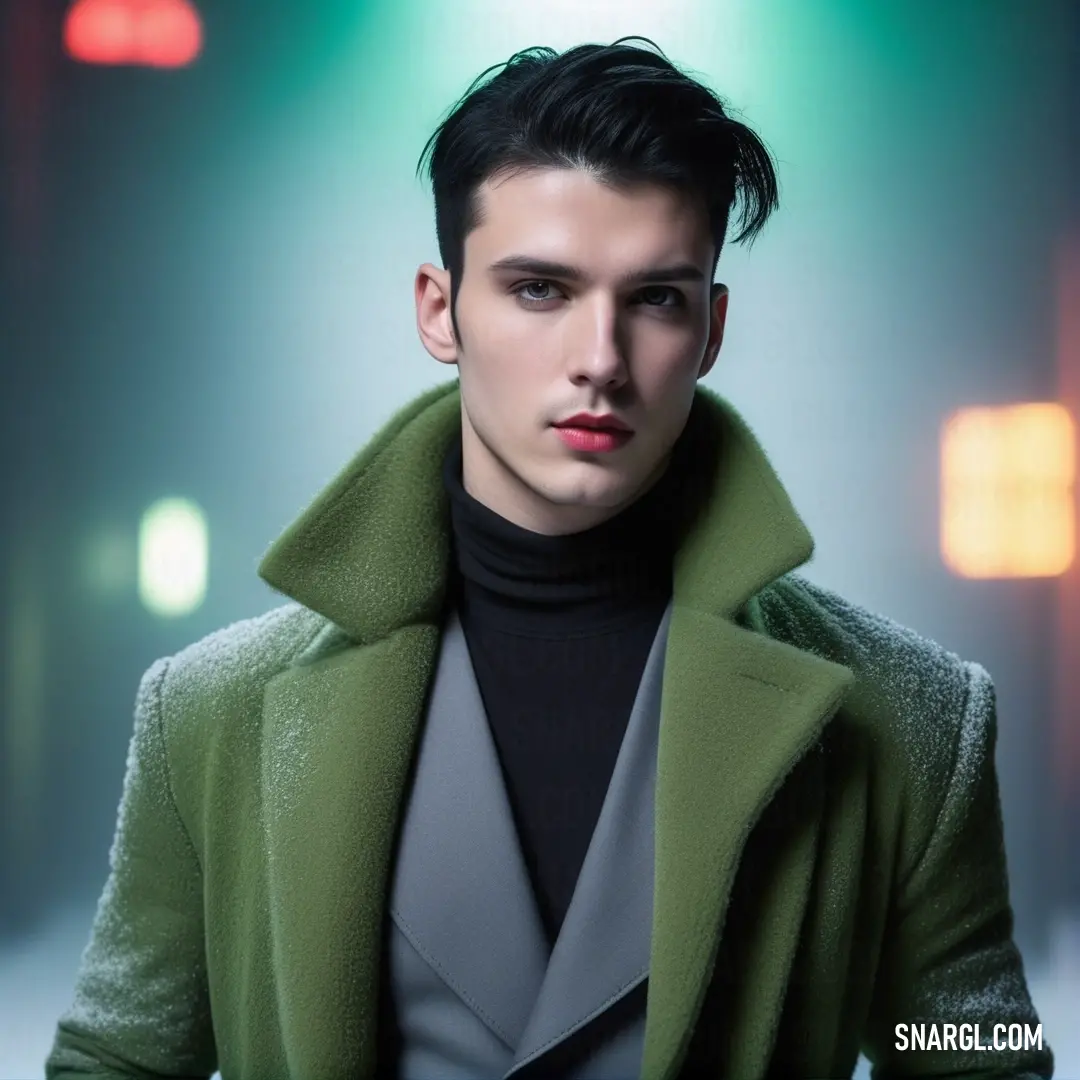 Man with a green coat and black turtle neck sweater standing in a dark room. Color Dark olive.