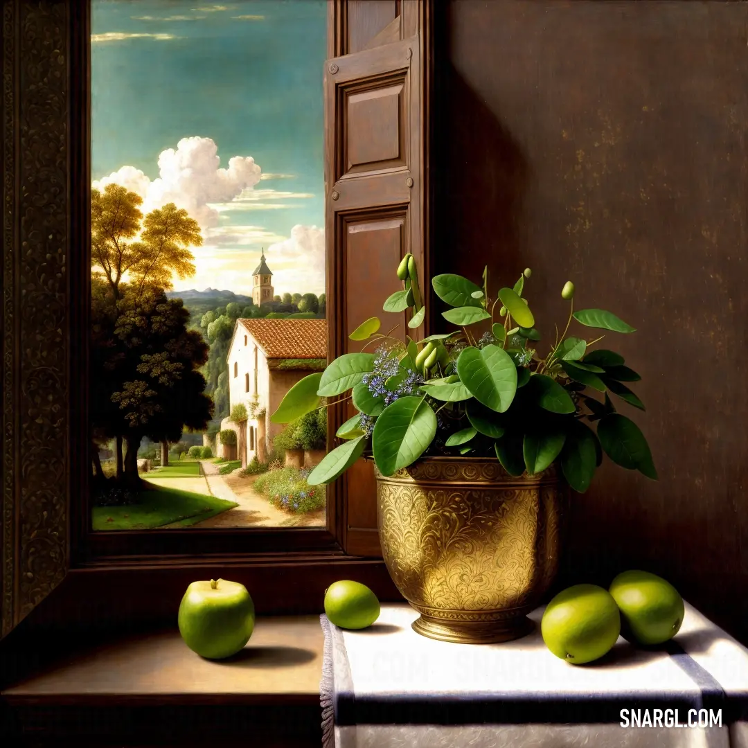 Painting of a potted plant on a table next to a window with a view of a rural countryside. Example of RGB 85,107,47 color.