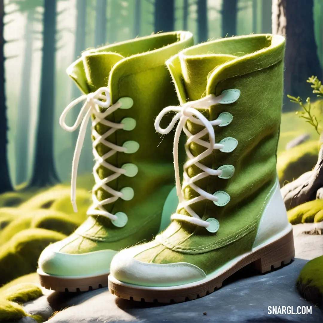 Pair of green boots with white laces on them in a forest setting with moss and trees in the background. Color CMYK 21,0,56,58.