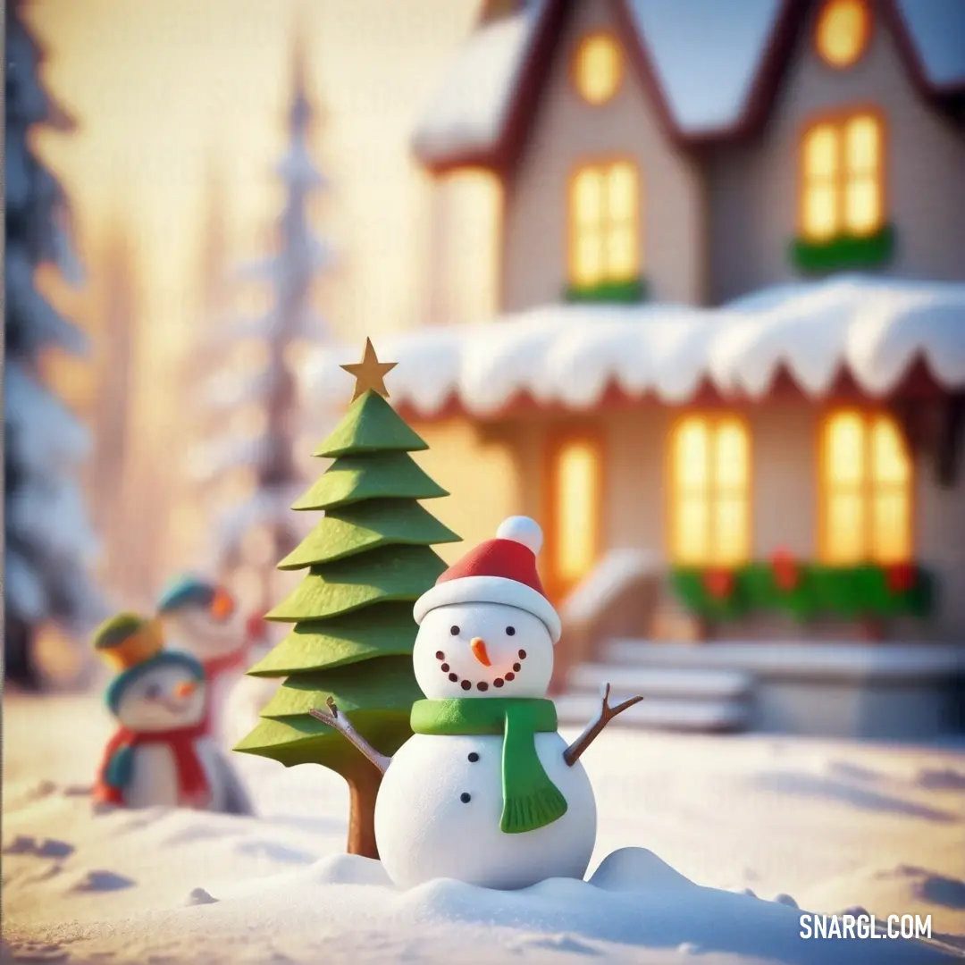 Snowman is standing in front of a house with a christmas tree in the foreground. Example of Dark olive color.