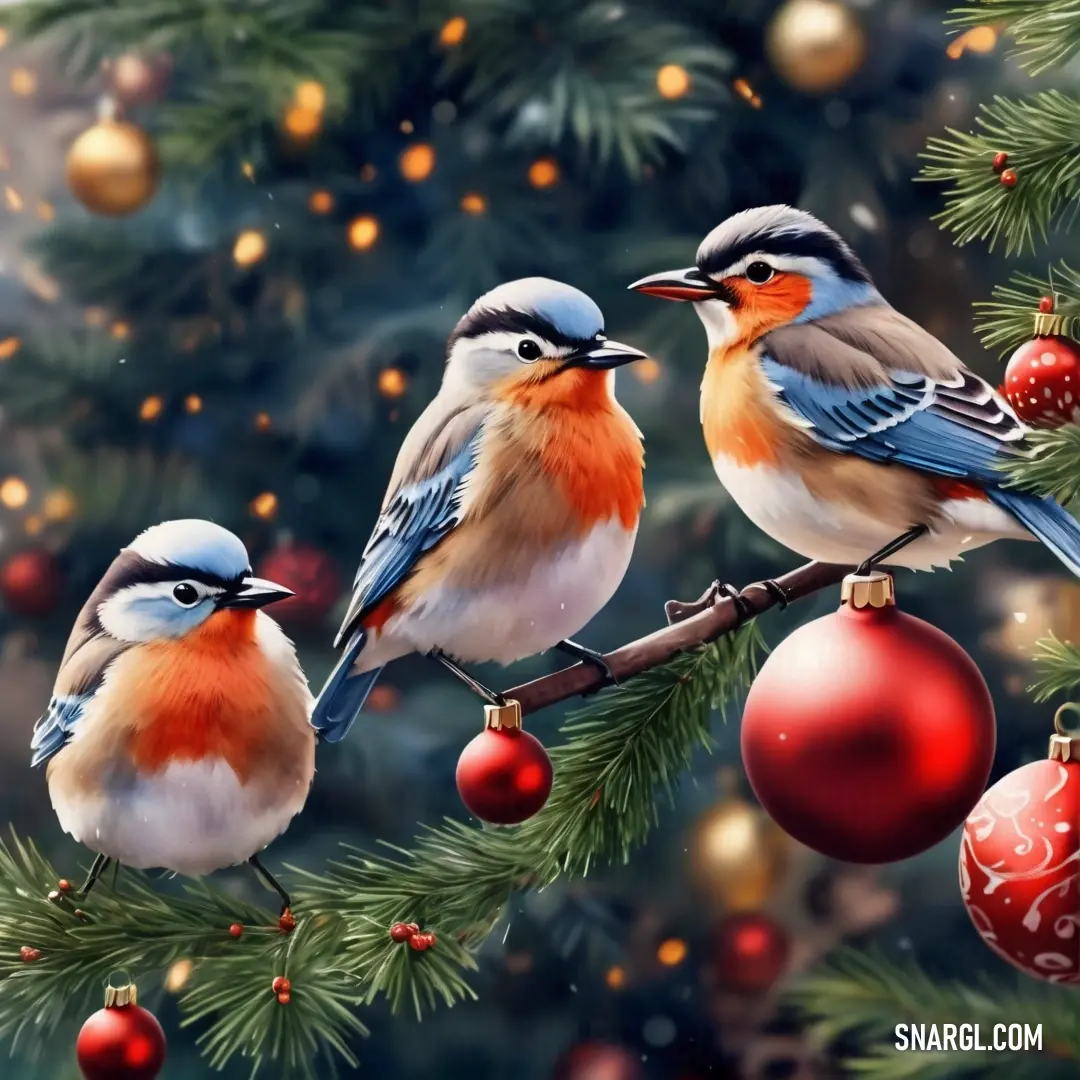 Dark olive color example: Three birds on a branch with ornaments around them and a christmas tree in the background