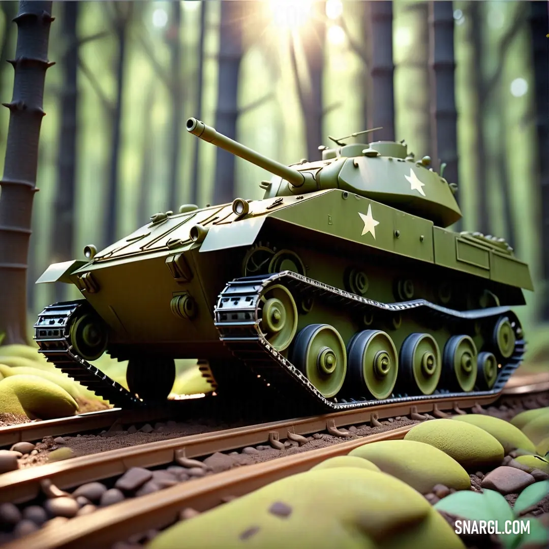 Toy tank is on a train track in the woods with bananas on the ground and a sun shining through the trees. Color Dark olive.