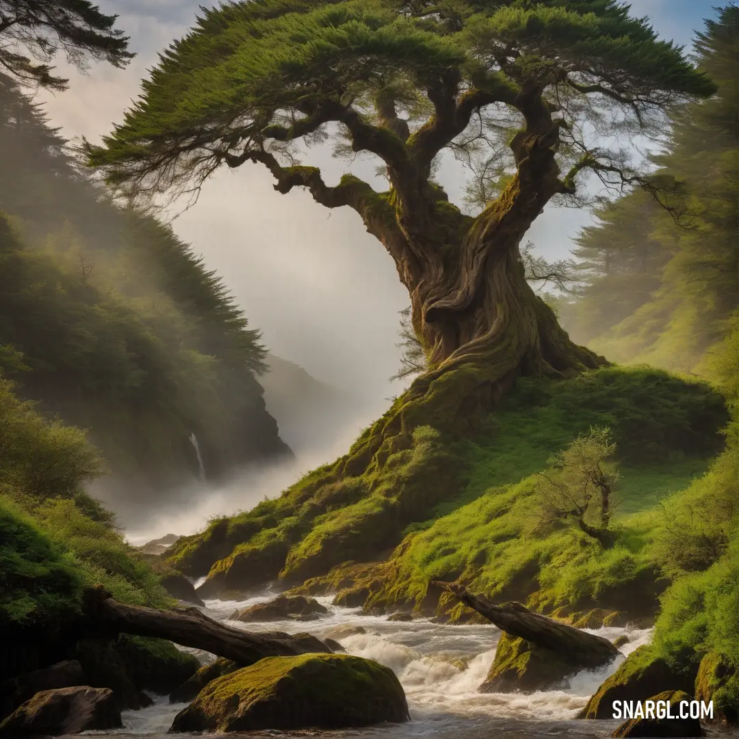 Tree that is on a hill near a river and a waterfall in the background with fog in the air