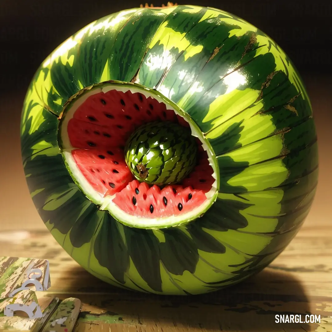 Watermelon with a green center and a piece of fruit in the middle of it