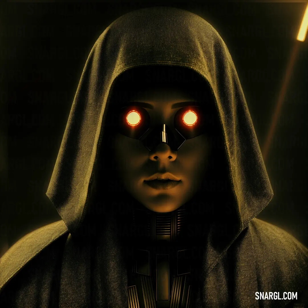 Woman with red eyes and a hood on her head with lights on her eyes and a hood on her head