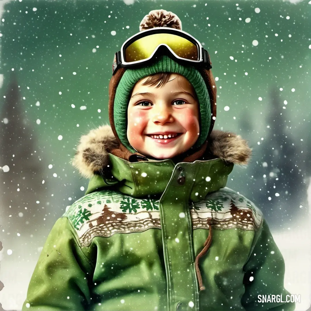 Young boy wearing a green jacket and a green hat and goggles in the snow. Example of CMYK 21,0,56,58 color.