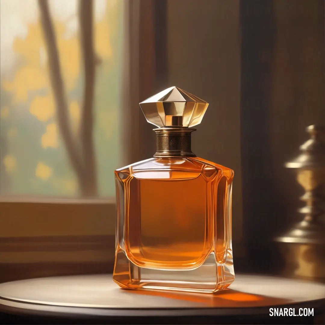 Bottle of perfume on a table next to a window with a tree outside of it and a window sill. Example of CMYK 0,45,100,0 color.