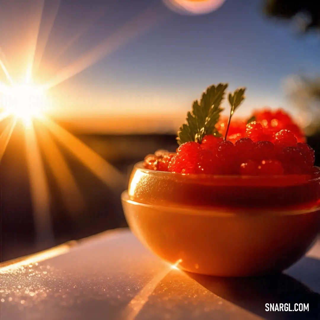 Bowl of berries on a table with the sun shining in the background and a lens flare in the sky