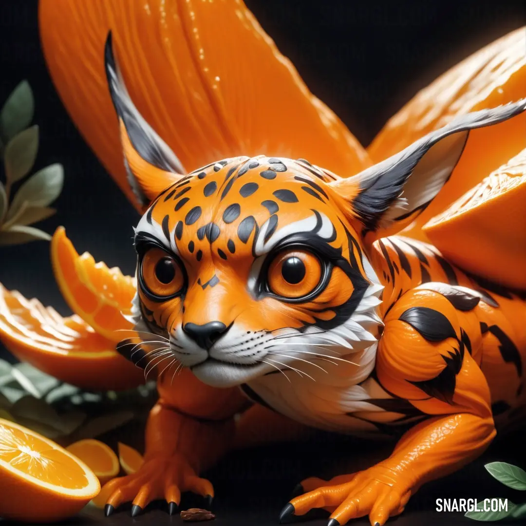 A stunning close-up of a tiger figurine, gracefully lying on its side, surrounded by vibrant oranges. The warm colors of the sculpture resonate with elegance and charm, inviting admiration.