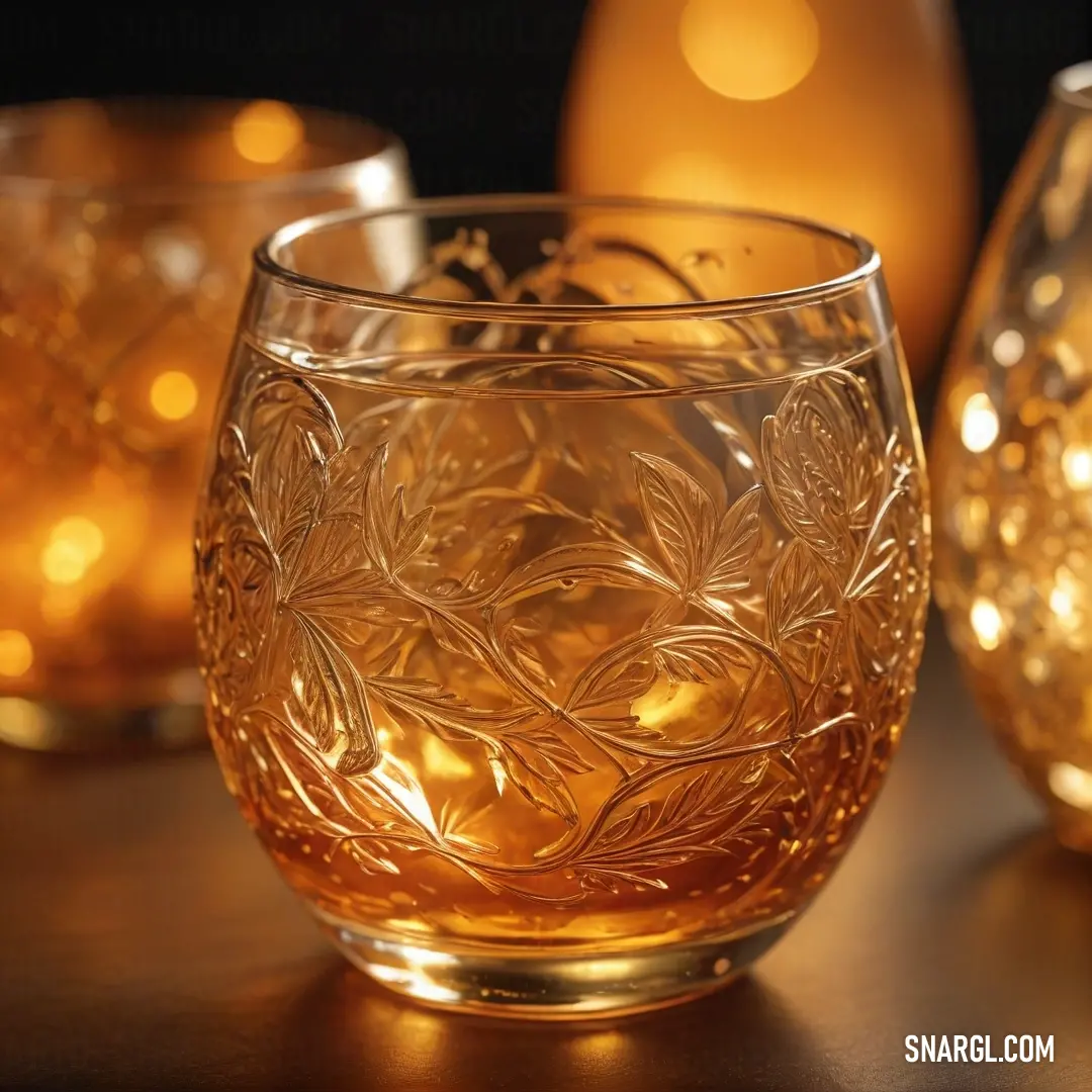 A detailed close-up of a glass vessel, its transparency revealing the soft glow of candles flickering behind it. The warm dark orange tones cast an inviting light, creating a cozy ambiance perfect for relaxation or intimate gatherings.