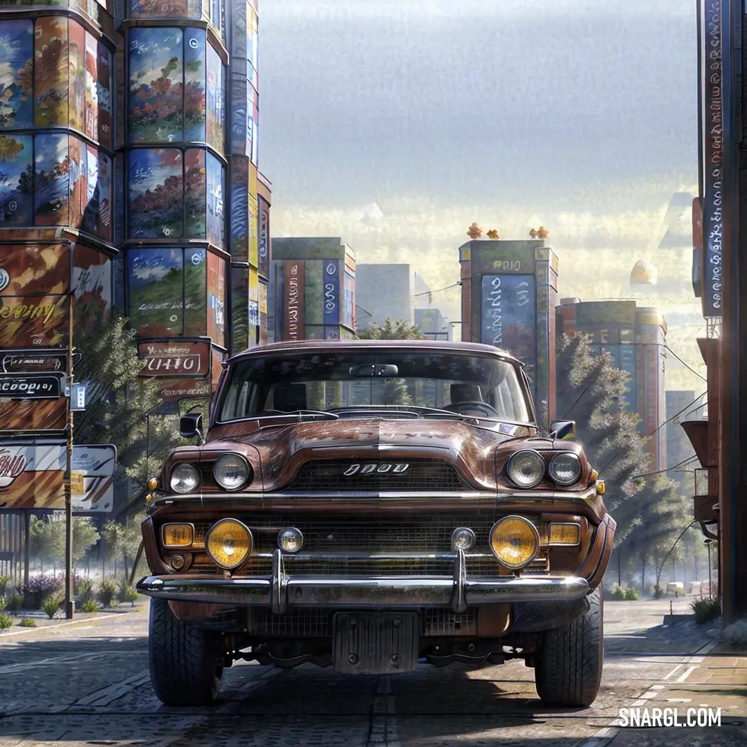 A car parked along a bustling city street, with tall buildings towering in the background. A clock adorns one of the buildings, while the deep orange color of the scene adds warmth to the urban environment.