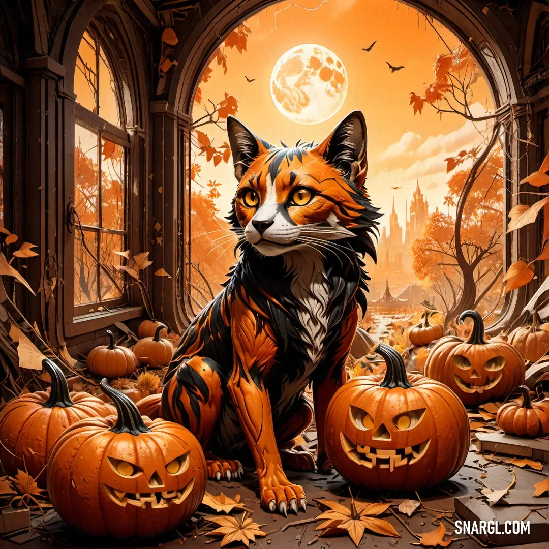 An adorable cat lounging in a cozy room adorned with cheerful pumpkins and a glowing full moon in the background, creating a perfect autumn scene filled with whimsical charm.