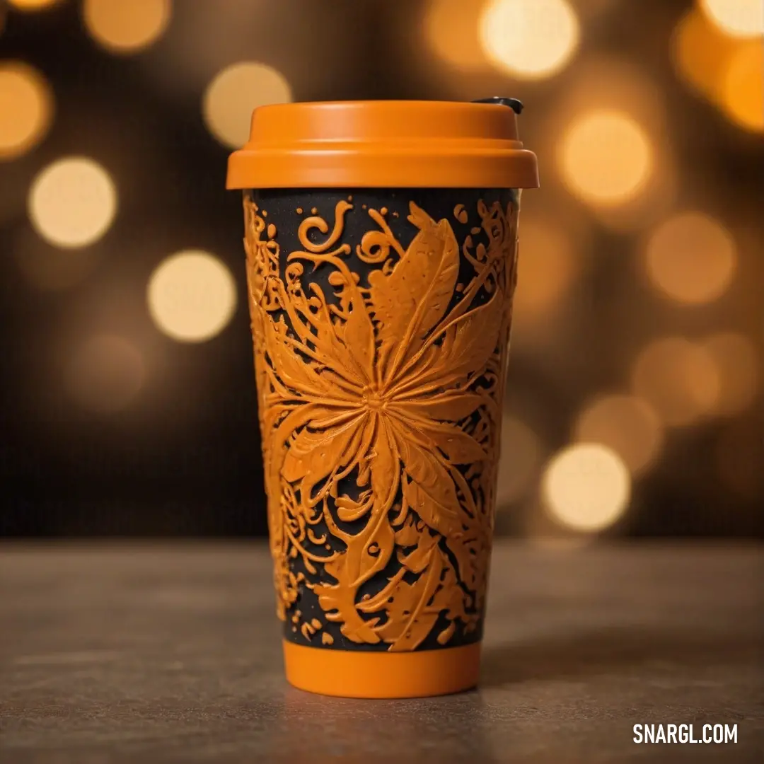 A beautifully crafted coffee cup adorned with a delicate floral design, sitting elegantly on a wooden table. The background is a soft blur, inviting you to savor the moment. The color mix suggests a warm ambiance reminiscent of cozy coffee shops.