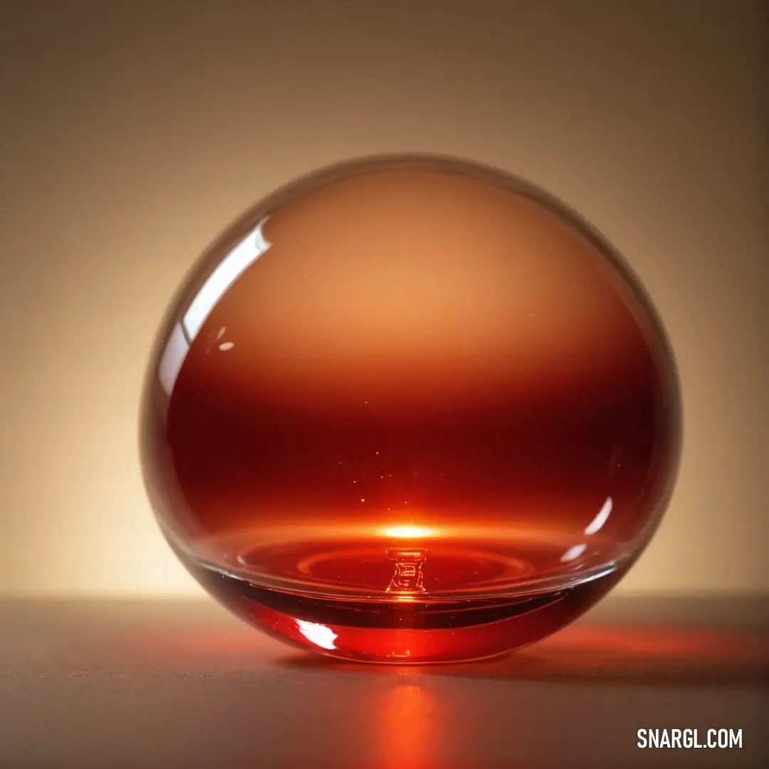 A glass ball rests on a table, its surface gleaming as light shines through it, casting a delicate shadow. The rich CMYK color scheme enhances the reflective quality, adding depth and visual interest to the image.