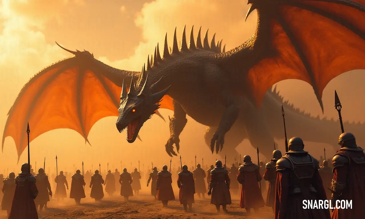 A courageous group of armored figures stands united with a magnificent dragon perched behind them, set against a rich dark orange background, embodying strength and determination in their quest for adventure.