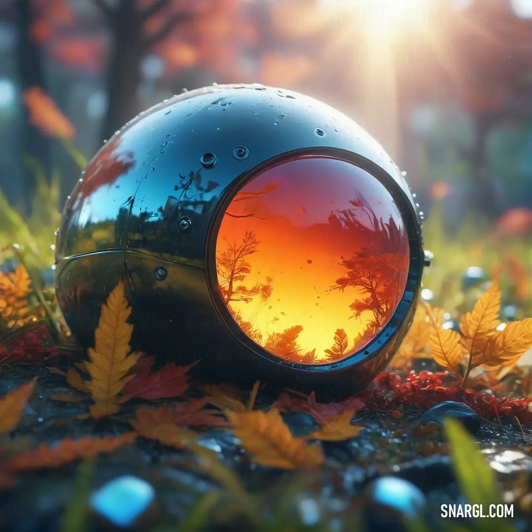 A helmet sits on the forest floor, surrounded by fallen leaves, with sunlight filtering through the trees. The peaceful forest scene is illuminated by the soft rays, casting a serene glow over the entire setting.