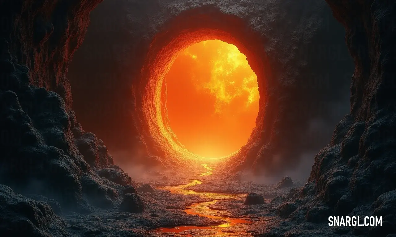 A striking large orange sun illuminates a dark cave, casting warm light over a glistening stream that flows through the rugged terrain, inviting exploration and wonder within nature's hidden treasures.