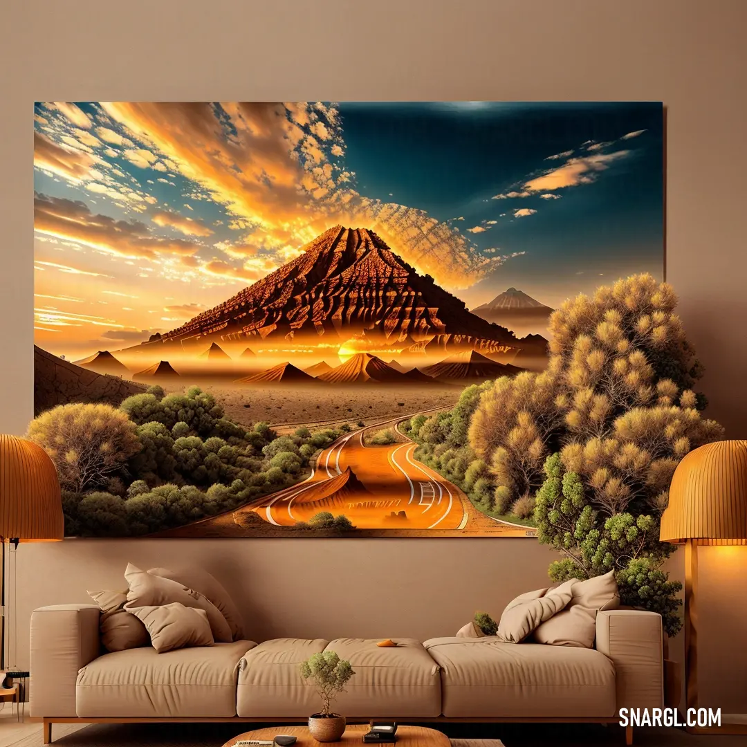 A cozy living room features a comfortable couch, with a mountain range painting on the wall. The dark orange color palette creates warmth and relaxation, offering a perfect spot for rest and reflection.