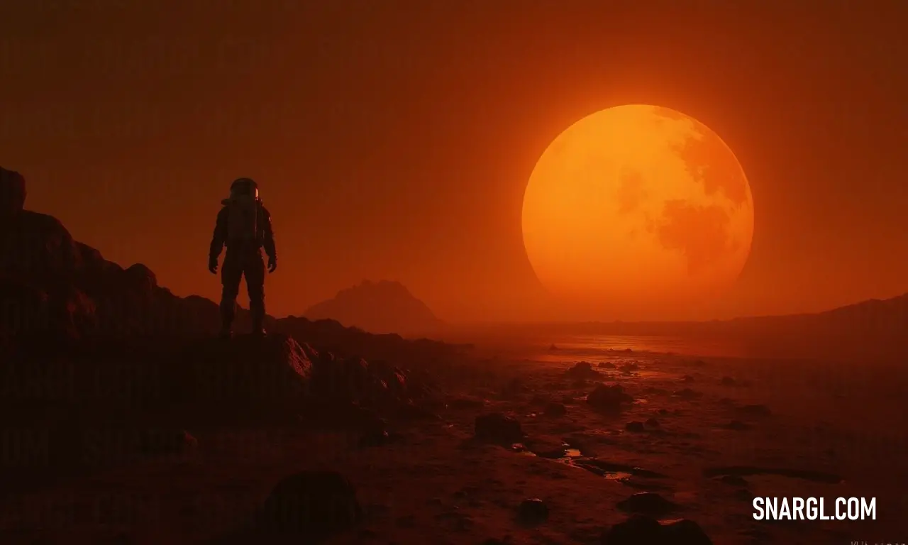 A solitary man stands tall on a craggy cliff, gazing at a colossal orange sun casting a golden hue across the landscape, embodying the tranquility of nature's vastness.