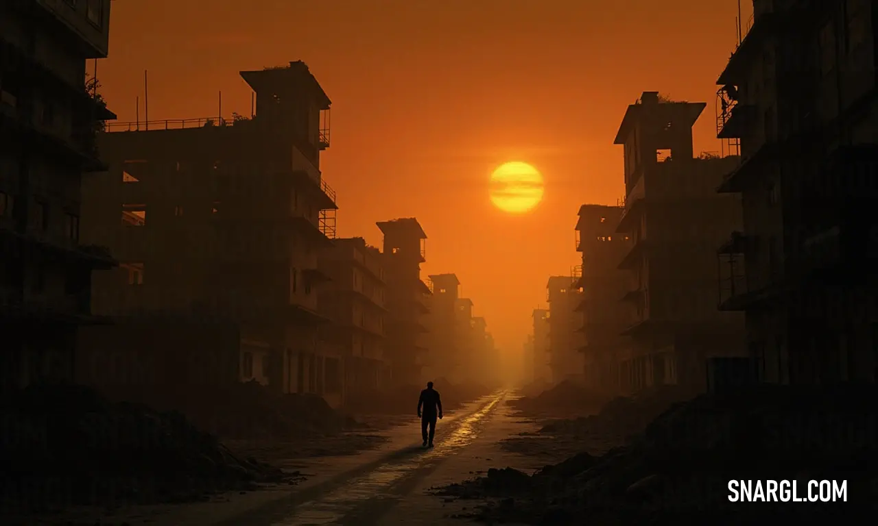 A solitary figure walks down a tranquil street at sunset, with buildings casting long shadows; the dark orange glow of the sky infuses the scene with a sense of calm and reflection.