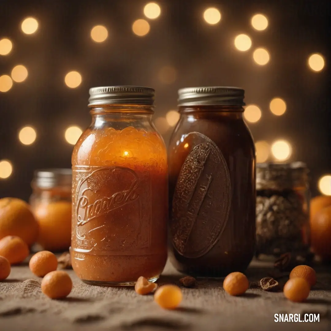 A vivid portrayal of dark orange captured through three jars filled with various foods, each jar a unique size, positioned on a rustic table. The gentle, out-of-focus twinkle of lights in the background creates a warm and inviting kitchen vibe.