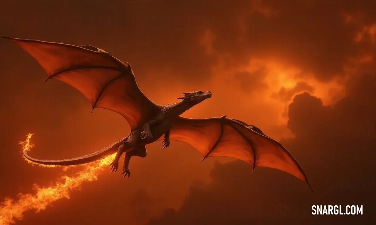 A majestic dragon soars high above, its powerful wings rendering it almost a silhouette against a stunning orange sunset. The sky blazes with fiery tones, as fluffy clouds drift by, creating a breathtaking scene of freedom and adventure in the air.