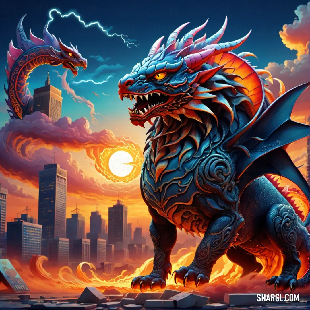 Dark orange color example: Dragon with a city in the background and a sunset in the foreground
