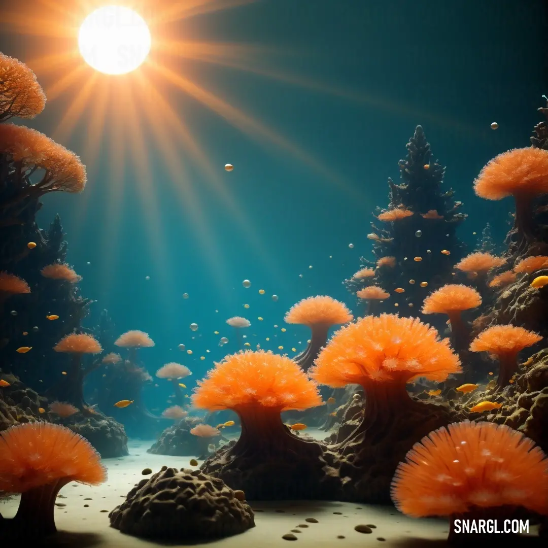 Group of orange mushrooms floating in a blue ocean with sun shining through the clouds above them and a coral reef