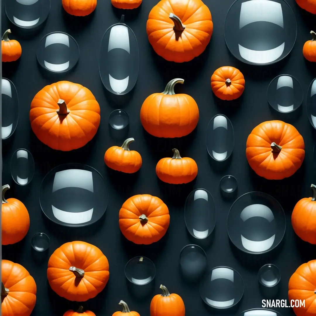 Group of pumpkins on top of a table next to a wall of mirrors and cups on the floor. Example of #FF8C00 color.