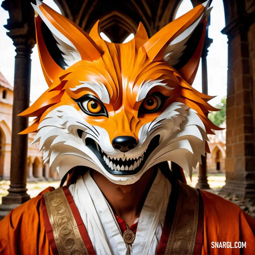 Man wearing a fox mask and a red robe with a white face and a black nose and chest. Color RGB 255,140,0.