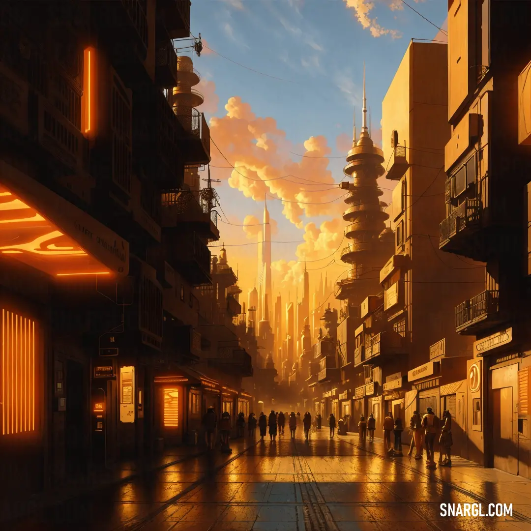 A painting of a bustling city street, with people walking past tall buildings, captures the energy and movement of urban life. The warm dark orange tones give the scene a vibrant, lively feel, evoking the spirit of the city.