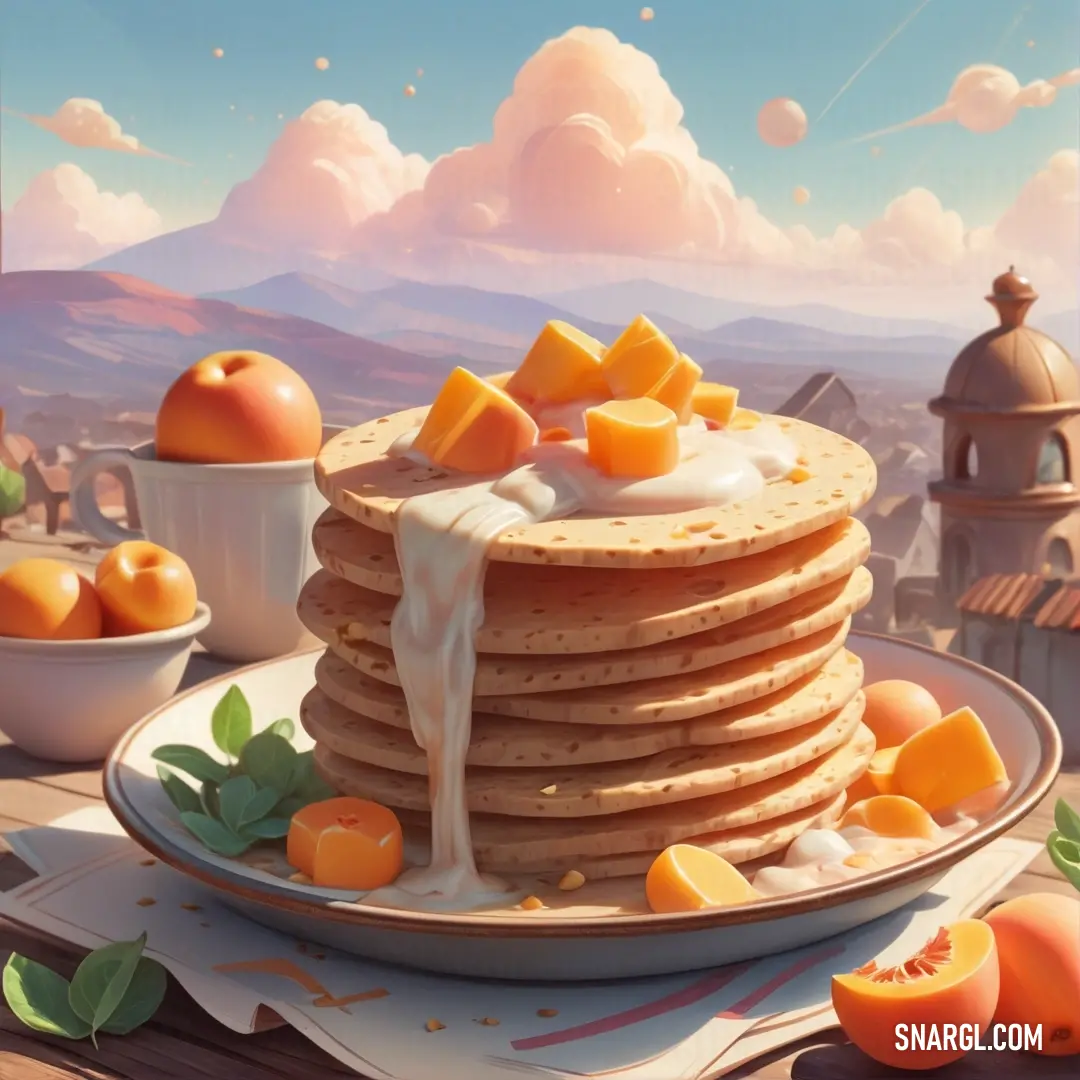 Stack of pancakes with oranges and cream on a plate with a cup of coffee and a bowl of fruit. Color Dark orange.