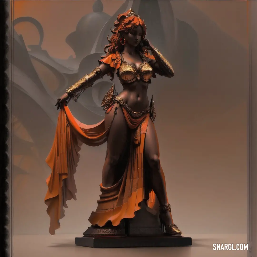 Dark orange color. Statue of a woman in a costume with a sword in her hand