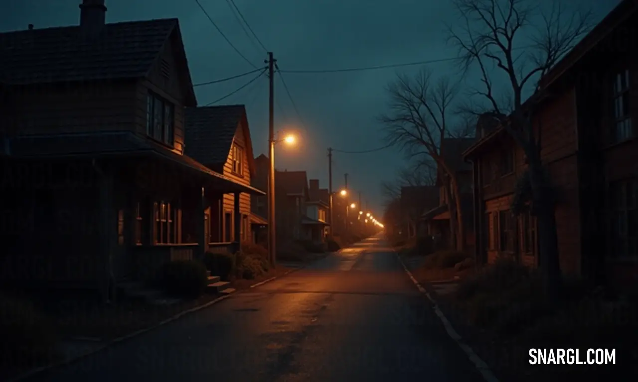 An inviting street lights up at night, casting a warm glow across the pavement as the dark sky looms overhead. The ambiance is filled with mystery and intrigue, enhanced by the deep orange tones that add warmth to the cool night air.