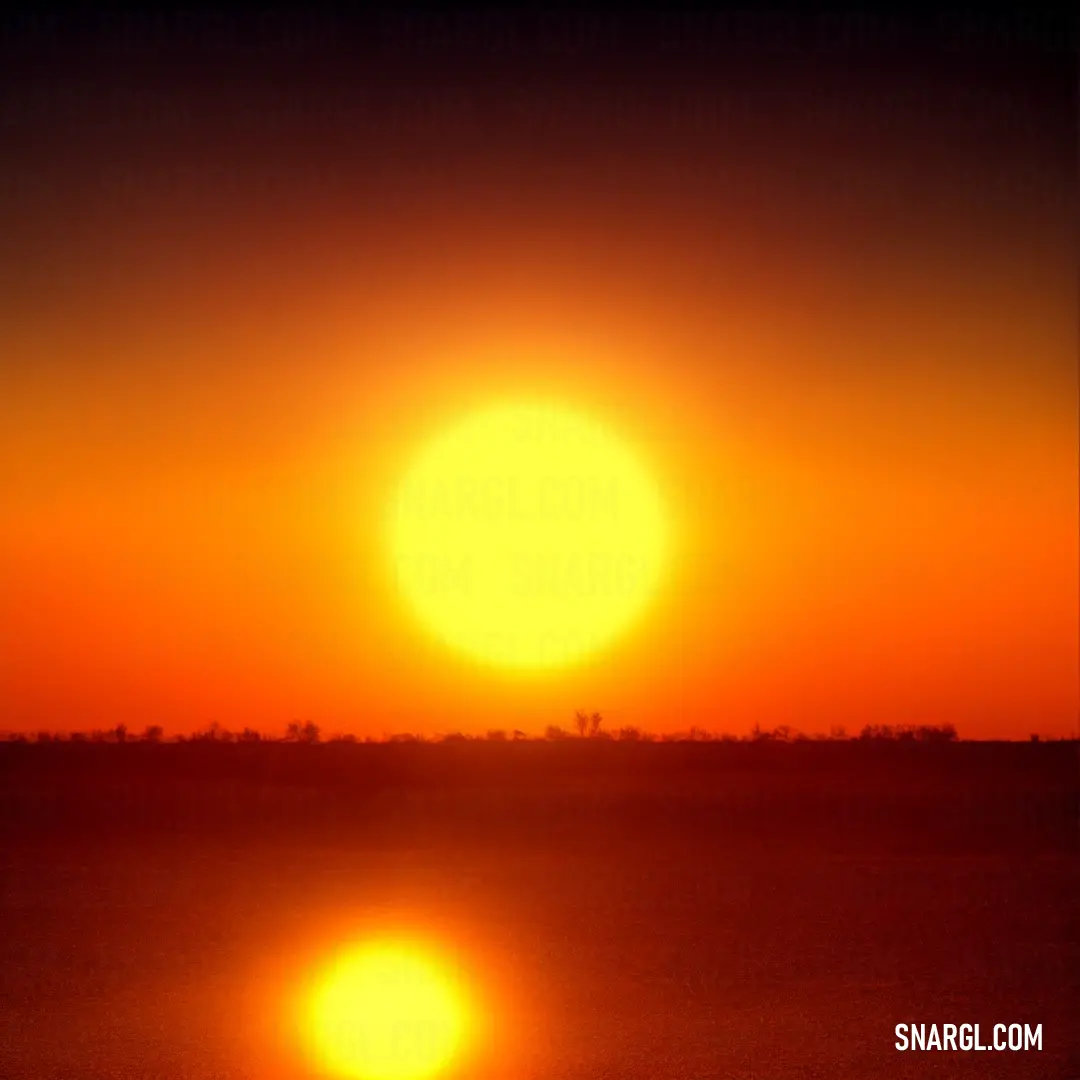 Sunset with a large orange sun in the sky and a small boat in the water in the foreground. Example of Dark orange color.