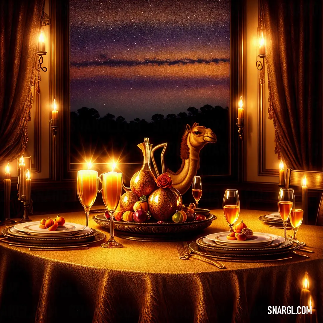 A wooden table featuring a camel figurine, lit candles, a plate with another camel figure, and a bowl filled with fresh fruits and vegetables. The warm dark orange hues create a cozy, inviting atmosphere, offering a rich, textured scene.