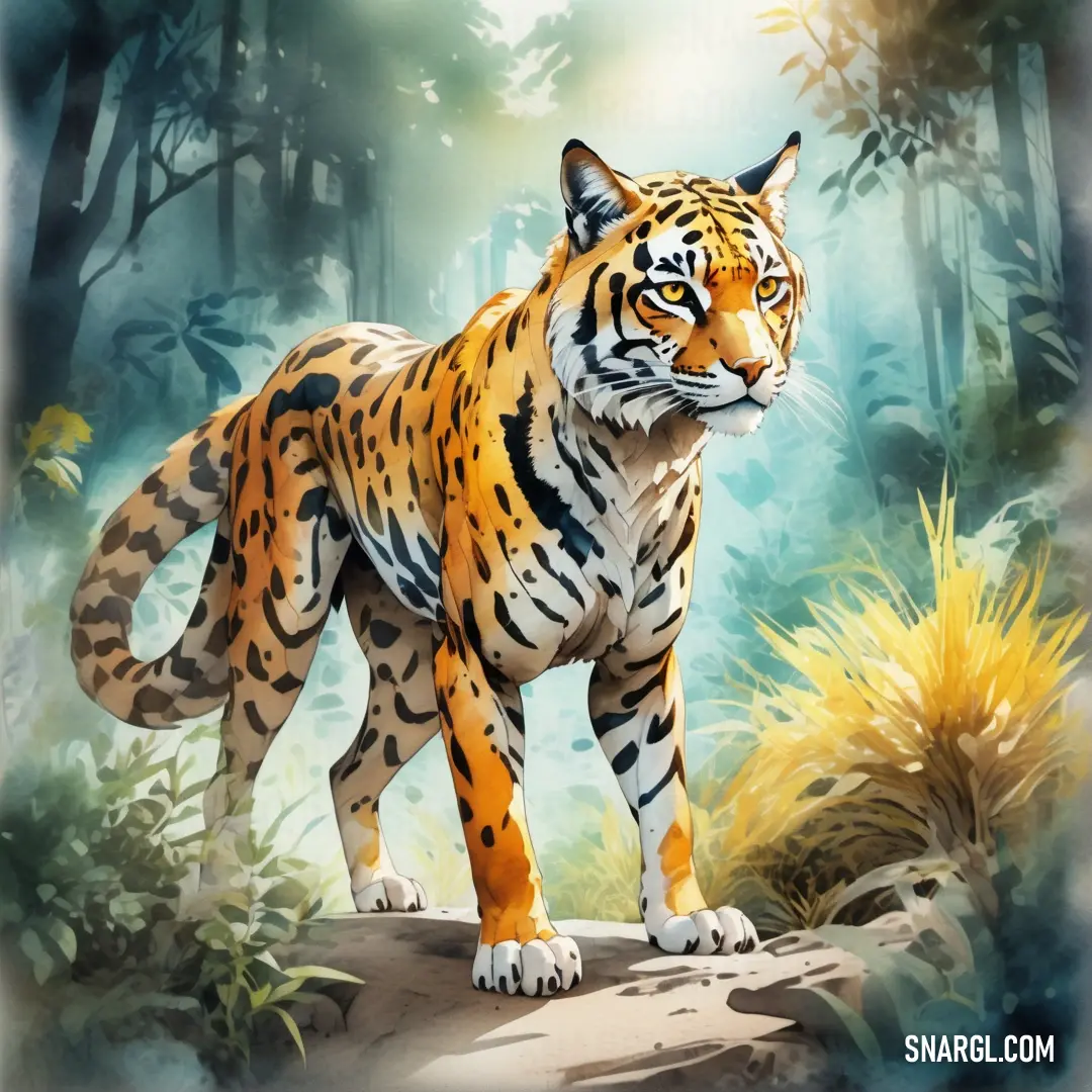 A powerful tiger poised on a rock in a lush forest, surrounded by trees and bushes that create a natural habitat, elegantly capturing the essence of wildlife in its natural environment.