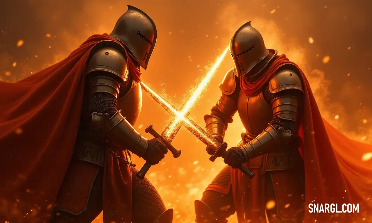 Two valiant knights, clad in shining armor, stand resolutely with swords drawn, their formidable presence set against a vivid yellow background, symbolizing bravery and determination in the face of adventure.